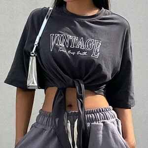 Vintage Grey Tie-Front Crop Top